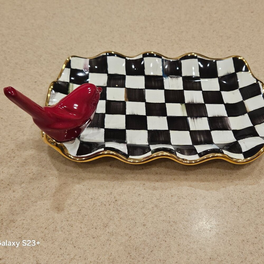 MACKENZIE CHILDS CARDINAL COURTLY CHECK AURORA CERAMIC TRAY RING HOLDER DISH - Picture 5 of 13